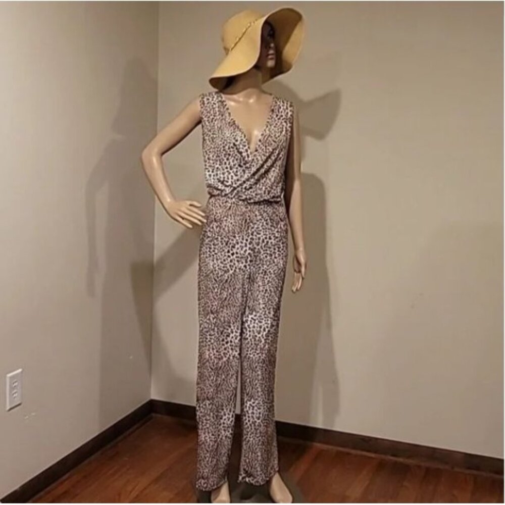 Ellen Tracy Womens Leopard Print Sleeveless Wrap Jumpsuit S Polyester Spandex